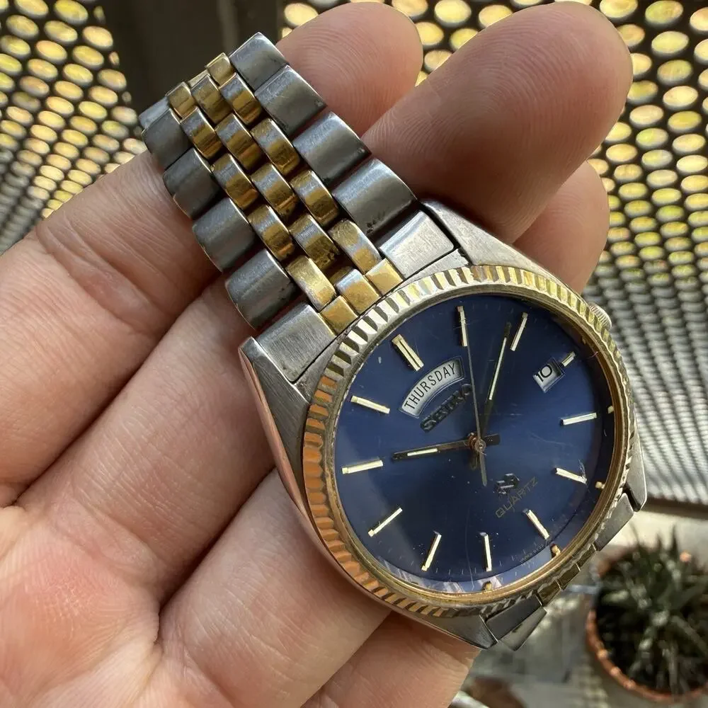 Vintage Seiko SQ President Fluted Bezel Watch 36mm Blue Dial Two Tone Daydate